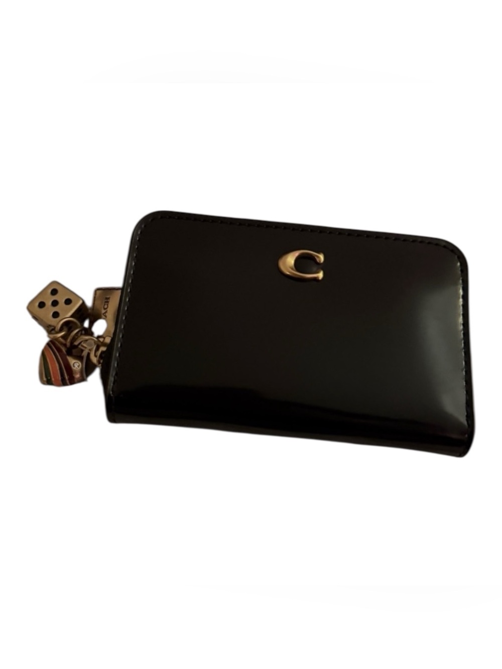Coach NWT Black Patent Zip Card Case with Charms